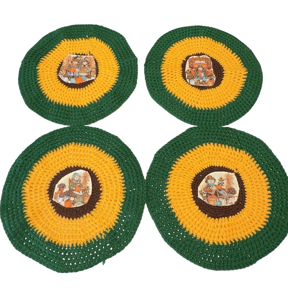 Vintage Green Yellow Crocheted Placemats Set of 4, Handmade Round 13" Fall Patch